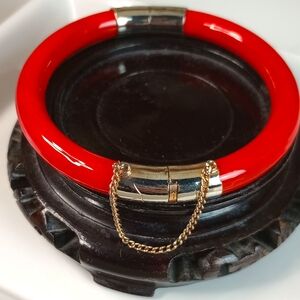 Red Enamel Hollow Hinged Bangle, Silver Caps & safety chain 7.25"